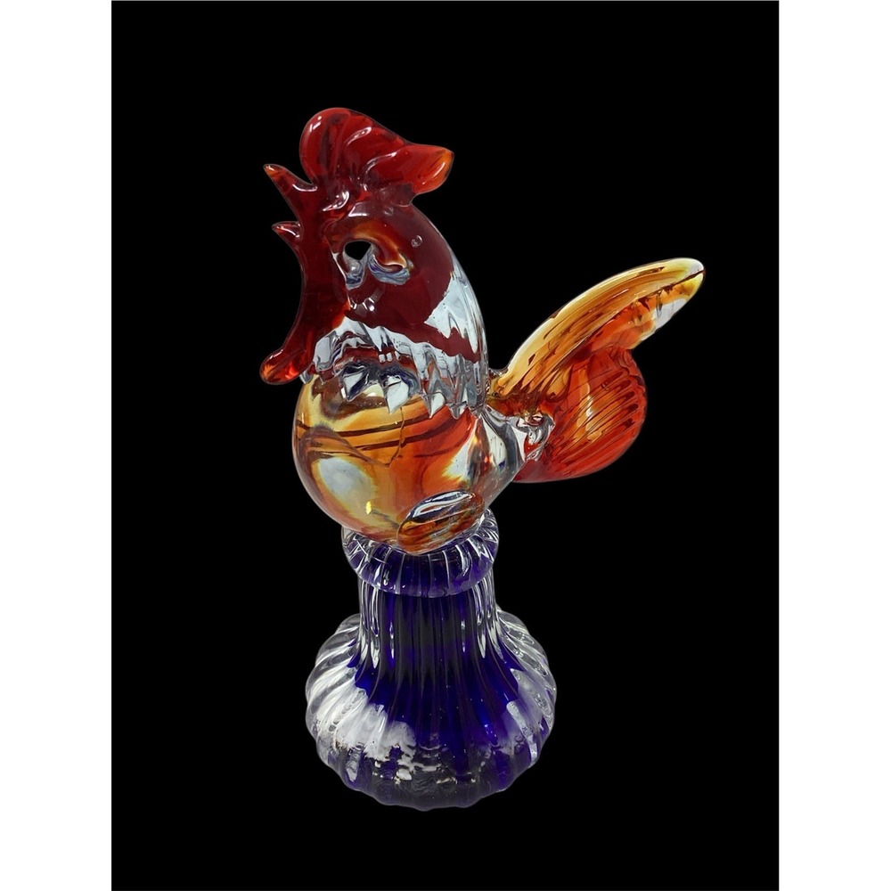 Hand Blown Art Glass Rooster Figurine Multicolor Blue Red Paper Weight 6.25"